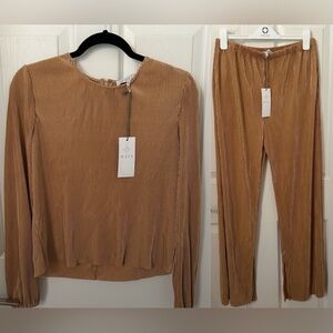WAYF Matching Set Pleated Top + Wide-Leg Pants Camel/Tan – Size M
